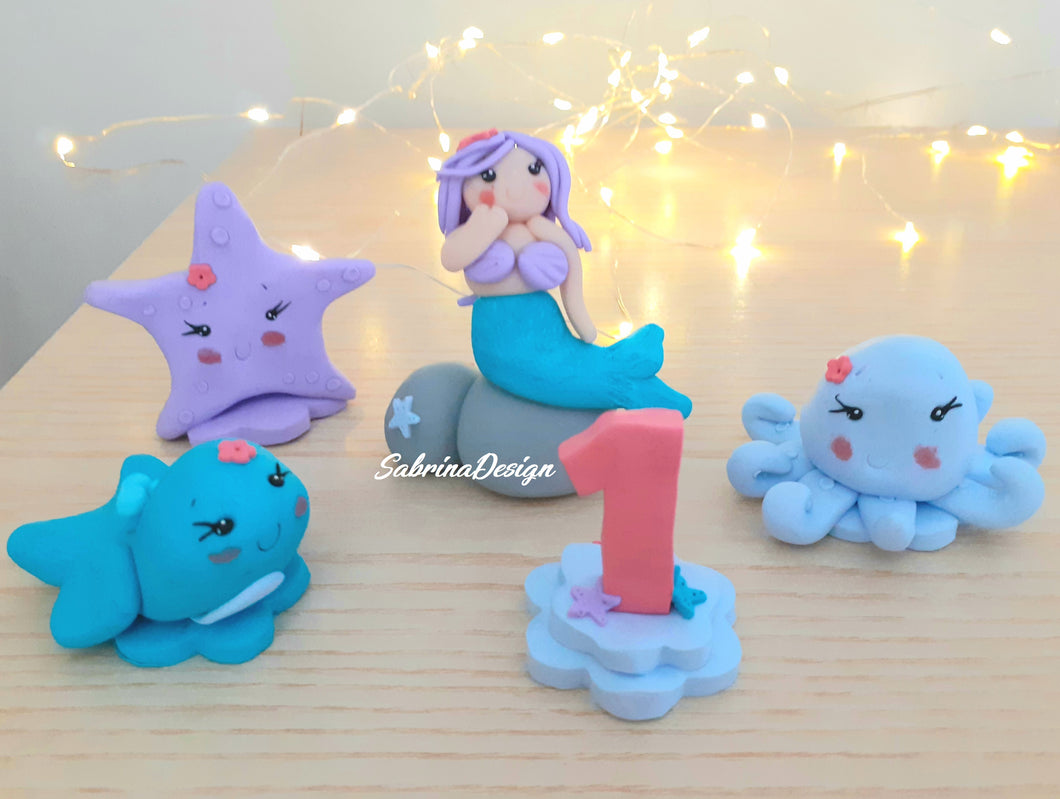 Cake topper sirena, cake topper animali mare, cake topper battesimo, torta compleanno sirena SabrinaDesign